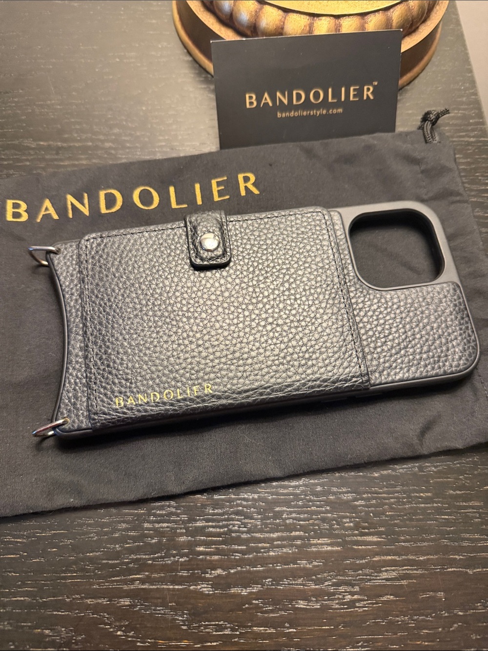 Bandolier Black Pebbled Leather Crossbody Wallet Phone Case with Gold Logo